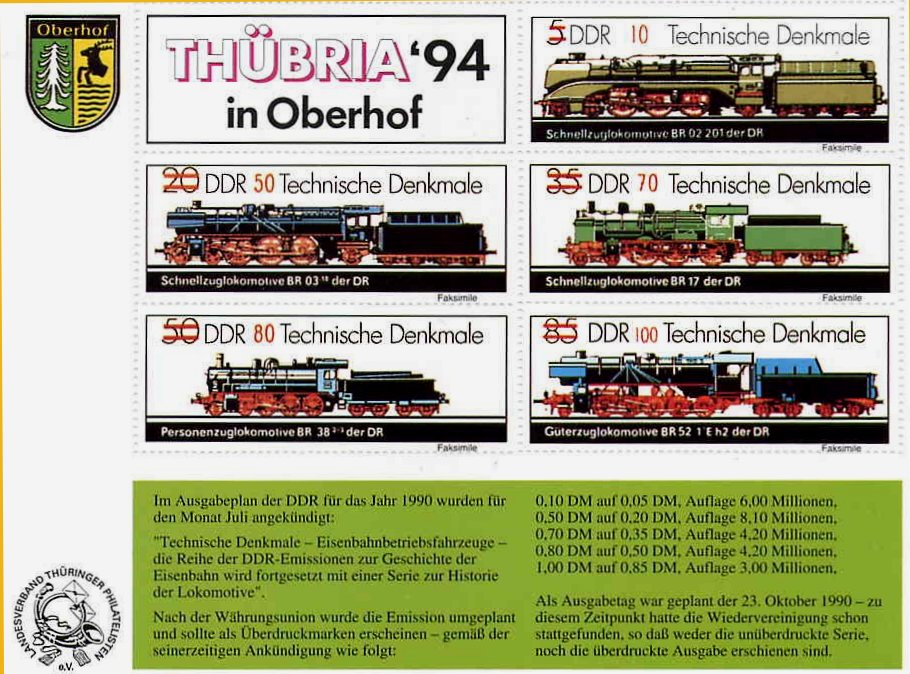 stamps East Germany DDR Th�bria 94 sheetlet locomotives 